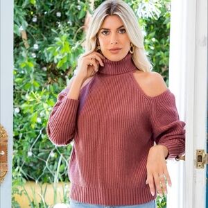 Mauve cold shoulder turtleneck sweater